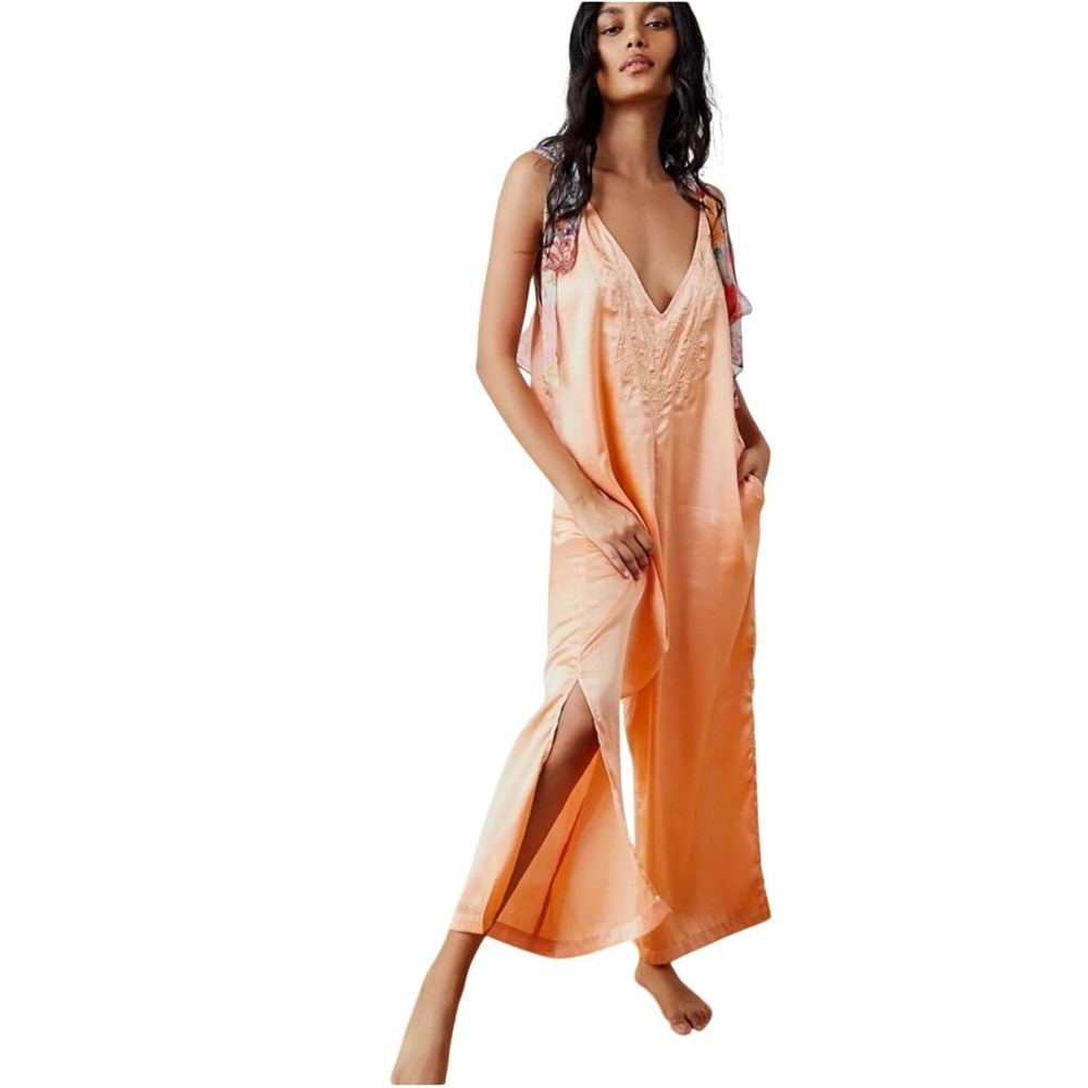Intimately Free People Spark Joy Romper Jumpsuit Peach Satin Tie Shoulder M